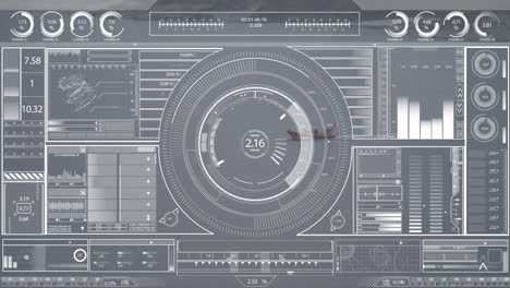 futuristic data processing animation with circular interface and various charts