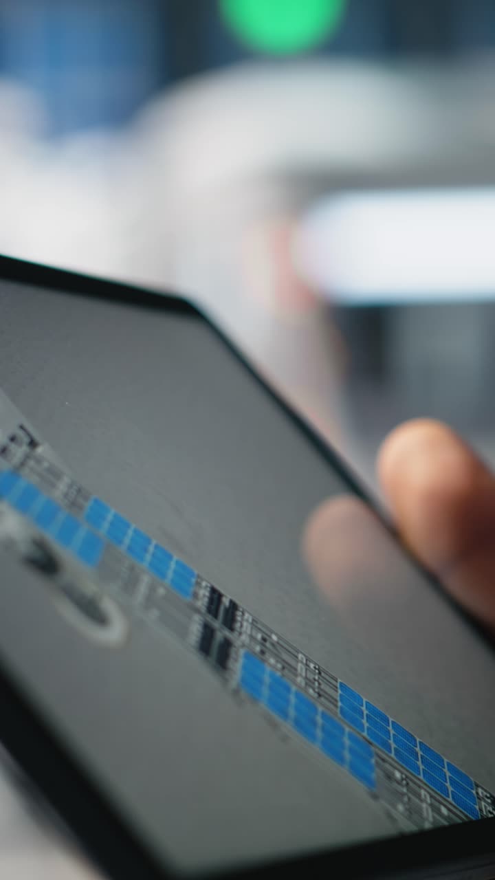 Vertical Video Solar power technician reviewing data on tablet in photovoltaics factory