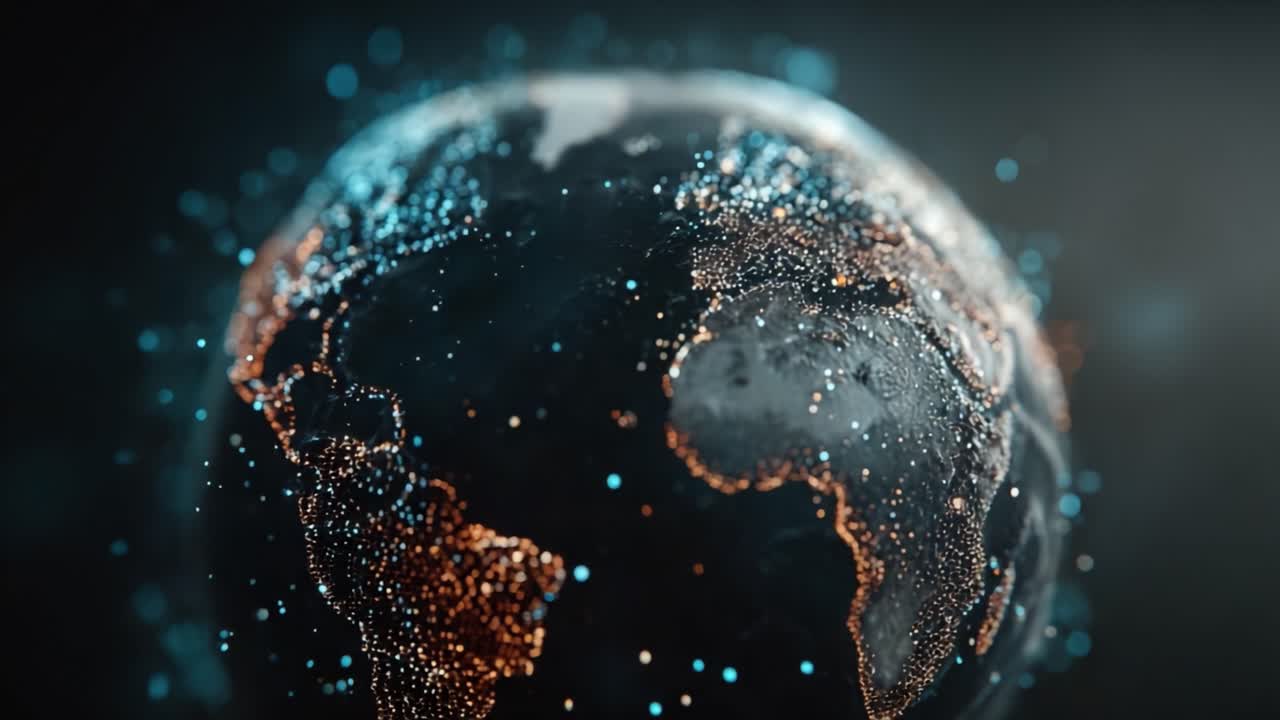 Representasi Visual Bumi yang Menakjubkan Menyoroti Visualisasi Data dengan Efek Pencahayaan Cerah untuk Menampilkan Konektivitas Planet.