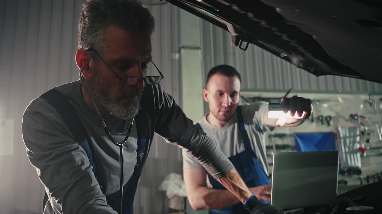 técnicos de reparación de automóviles inspeccionando el motor