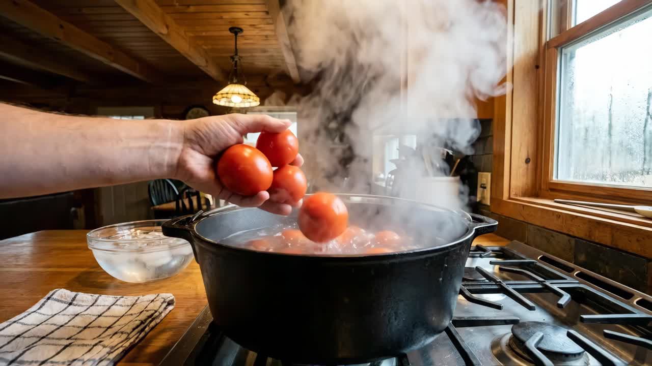 Tomates fervendo em uma cozinha