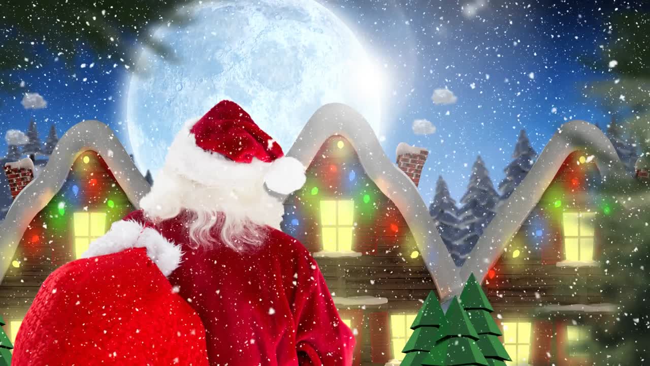⁇  내리는 눈과 함께 장식 된 집 앞에 산타 클로스