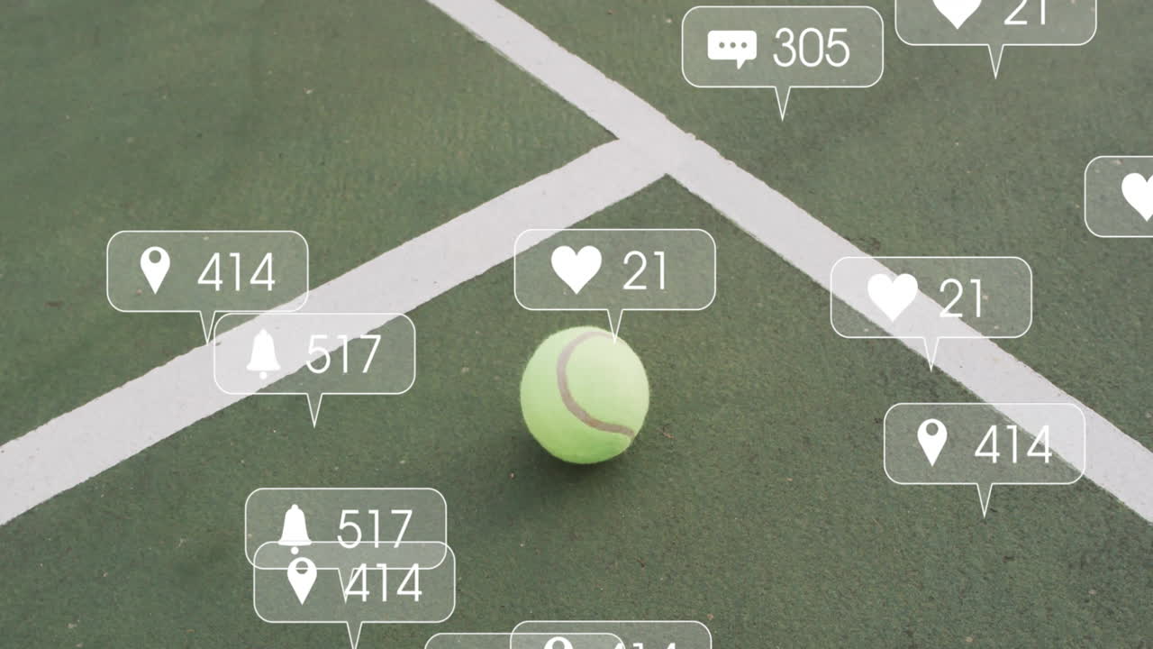 Tennis ball being showcased on green court, displaying flat design social media notification icons
