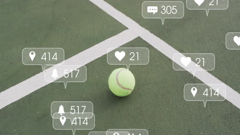 tennis ball being showcased on green court, displaying flat design social media notification icons