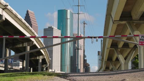 Low-angle-establishing-shot-of-downtown-Houston,-Texas-on-a-bright-sunny-day