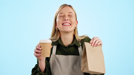 barista, woman and happy with coffee takeaway