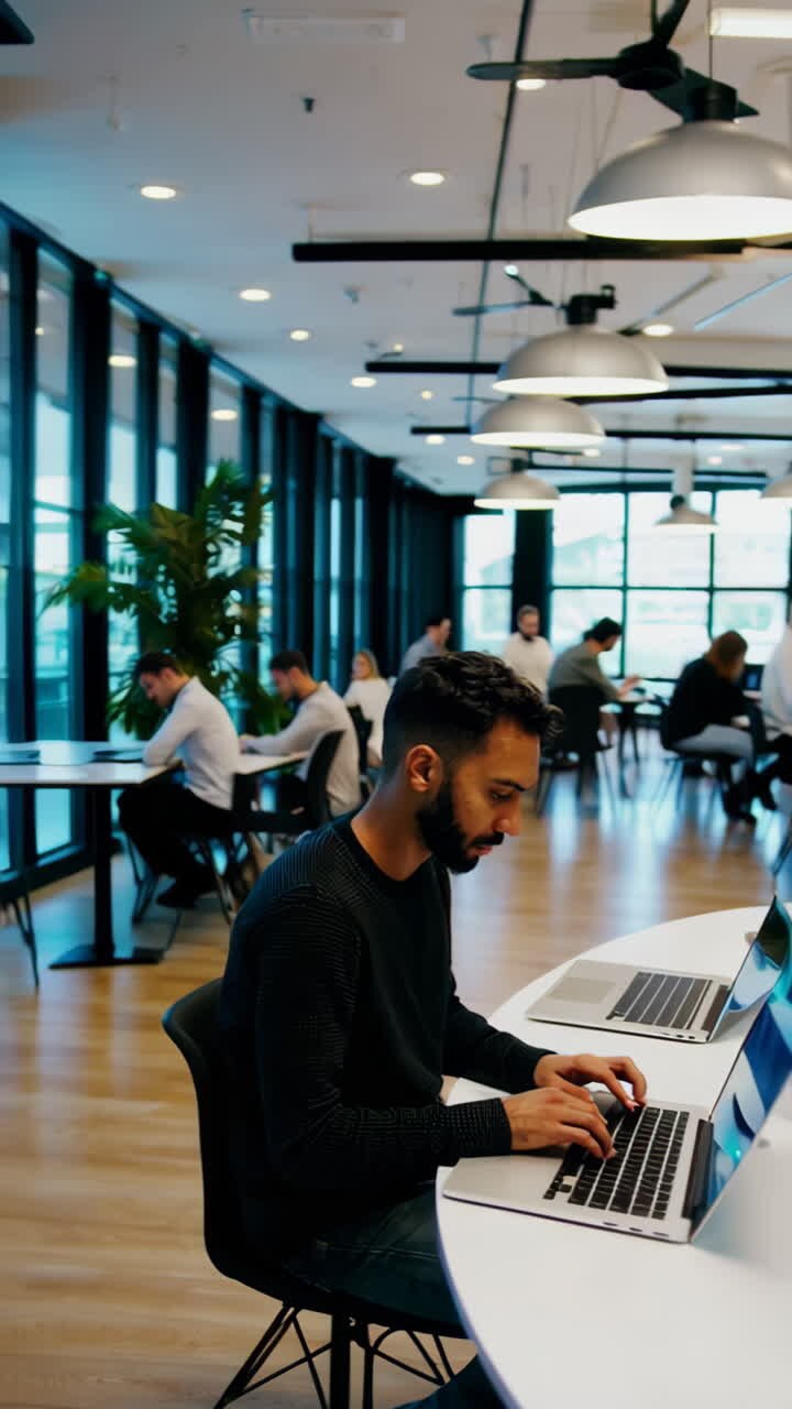 People Working in a Modern Office with Laptops Displaying Abstract Digital Art