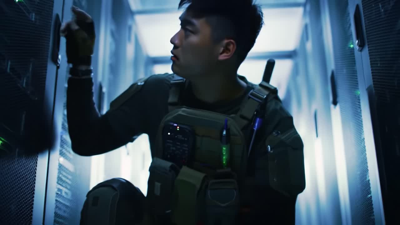 A Tech Explorer Navigating Through High-Tech Server Racks in a Dimly Lit Environment, Showcasing Futuristic Gear and Intense Focus on the Task at Hand