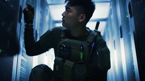 a tech explorer navigating through high-tech server racks in a dimly lit environment, showcasing futuristic gear and intense focus on the task at hand