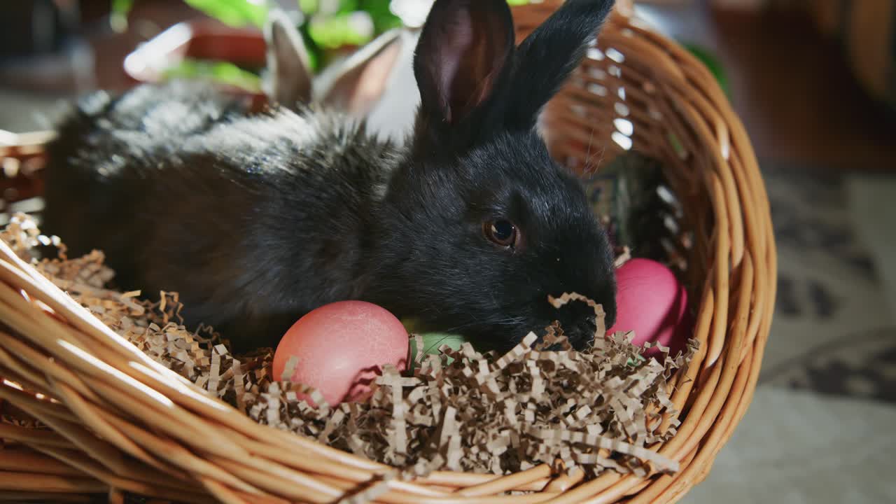 Coelhos em uma cesta com ovos de Páscoa