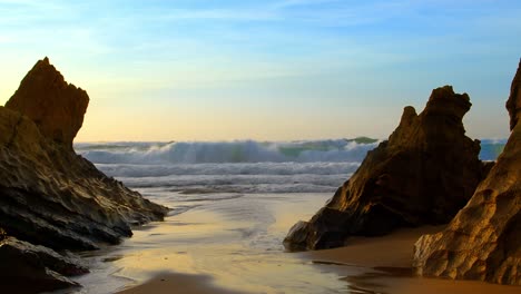 sea waves splashing rocky epic scenic sunset volcanic atlantic ocean beach medium shot