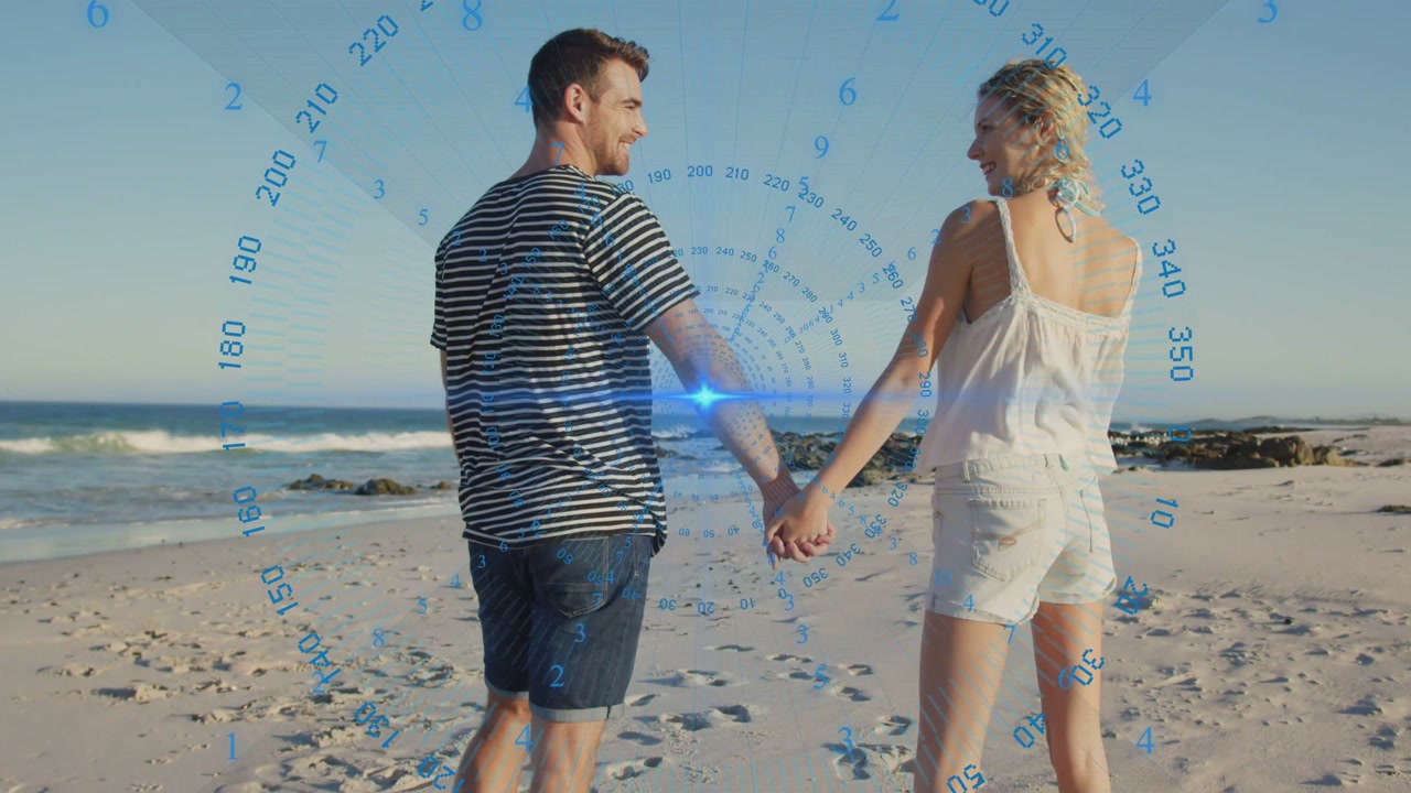 Vertical video: Couple walking beach joining hands blue HUD tracking, spinning playfully for tech