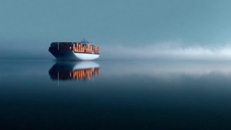 A Majestic Cargo Ship Adrift in Tranquil Waters, Illuminated by Soft Mists, Creating a Serene and Captivating Maritime Scene of Nature's Beauty