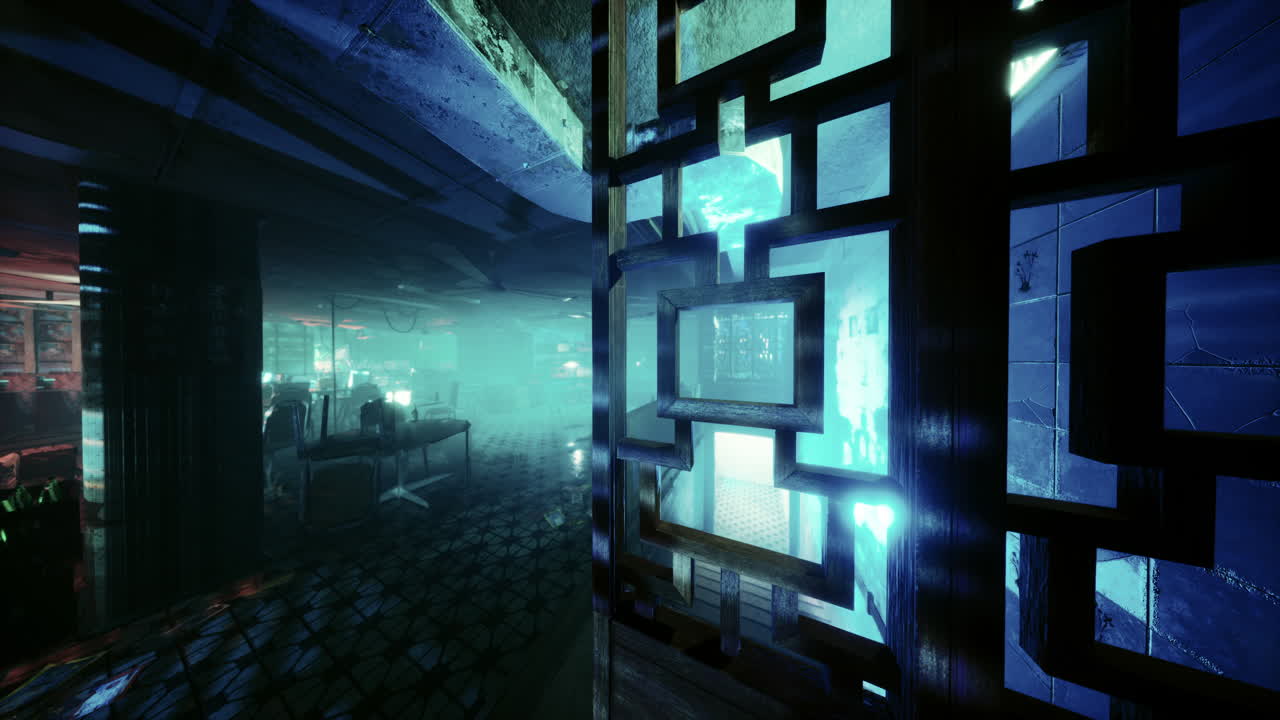 oscura y misteriosa habitación abandonada con iluminación azul