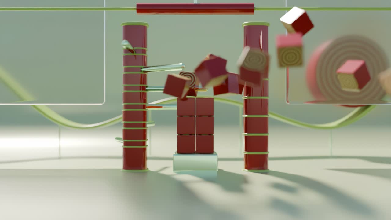 추상적인 3d 구성, 빨간 기둥과 큐브