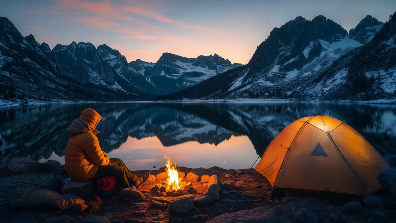 acampar en un lago de montaña al amanecer o al atardecer