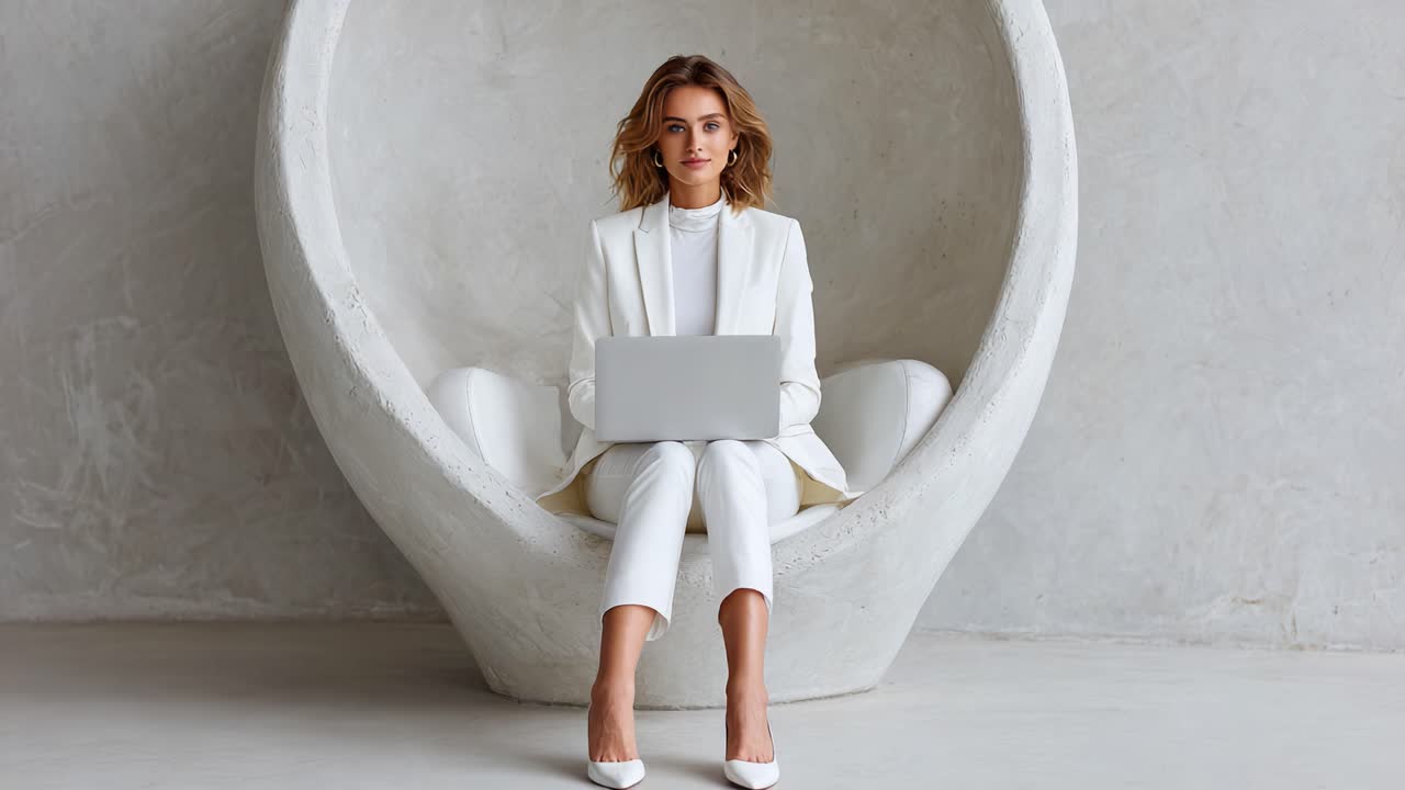 A Stylish Professional Sitting Comfortably in a Modern Egg Chair While Working on a Laptop, Showcasing Elegance and Contemporary Design in a Minimalistic Space