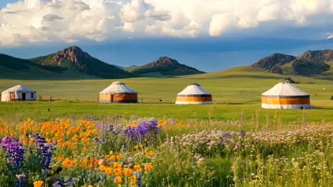 a field of wildflowers in front of a row of yurts in the middle of a grassy field