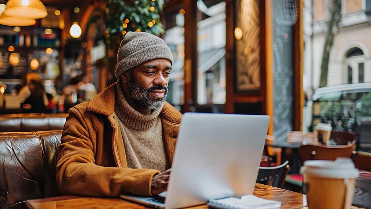 Man working on a laptop in a cozy cafe