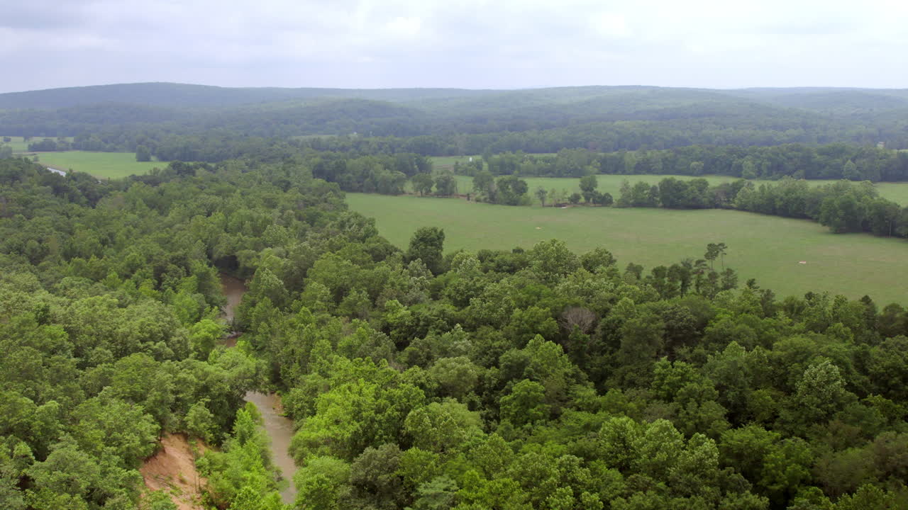 tire hacia atrás sobre los árboles y el hermoso paisaje de pastos abiertos con un arroyo en el sur de missouri en un día nublado de verano
