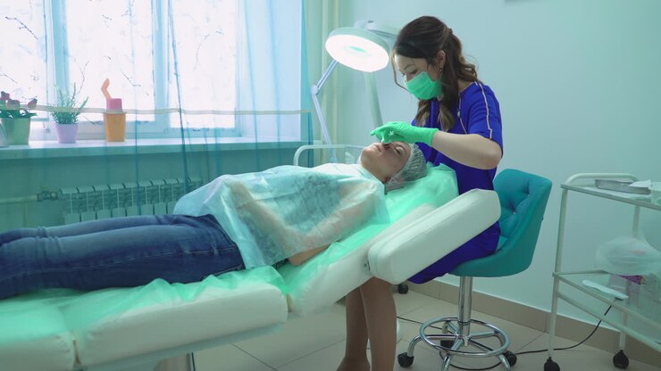 un estetista con una maschera schiaccia i brufoli sul viso del cliente in clinica