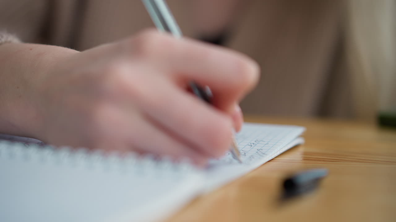 Close-up of lady hand writing with pen, showing focus on notebook, pen cover lies on the table beside, capturing a quiet study scene