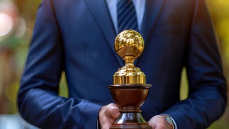 man holding a golden trophy