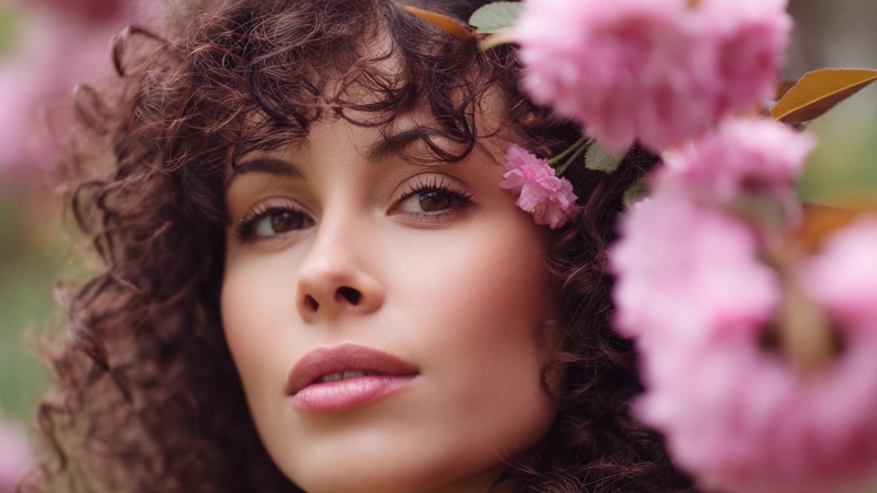 Un ritratto sereno di una donna circondata da fiori in fiore, che cattura la bellezza naturale e le espressioni delicate all'interno di un paradiso floreale.
