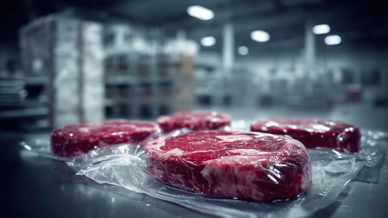 Freshly Packaged Meat Cuts Ready for Distribution in a Clean, Industrial Environment with Enhanced Visual Appeal and Detail