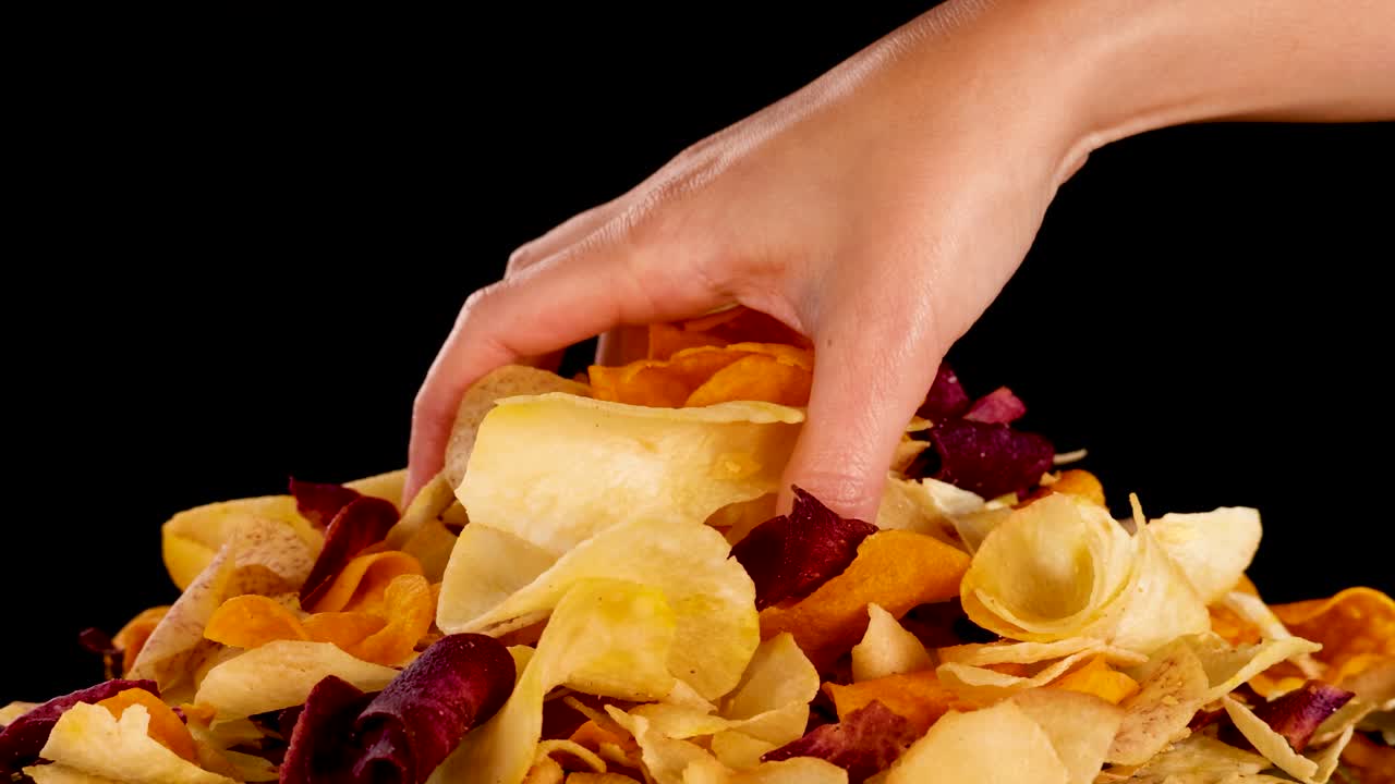 Hand selects assorted root vegetable chips from pile, brightly lit against clean black background, close-up