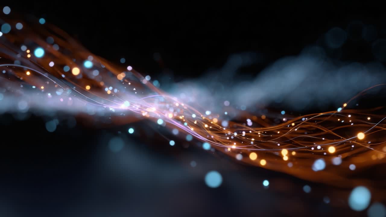 A mesmerizing display of vibrant, flowing light particles gracefully intertwining in a digital pattern, creating an enchanting and dynamic visual symphony of color and motion