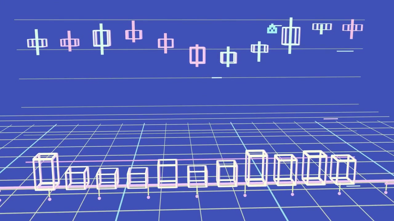 Camera pulling back, wireframe cubes shifting while candlestick markers rising to visualize 3D data