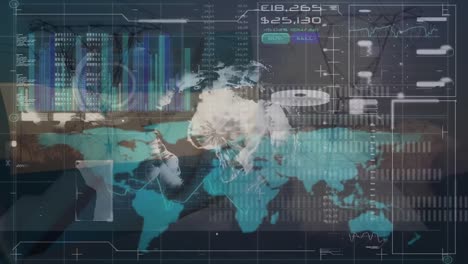 animación de diversos datos y globo giratorio sobre el mapa del mundo