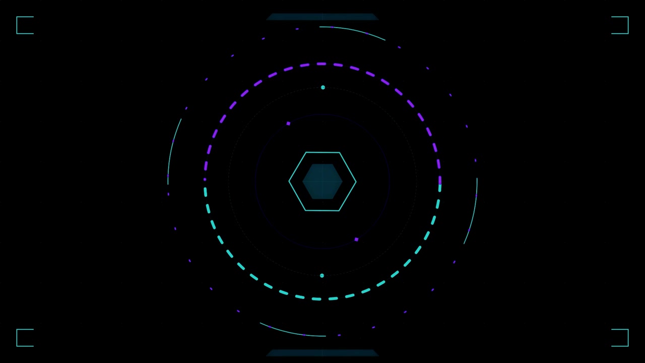 Futuristic Digital HUD Interface with Rotating Hexagon and Circular Elements