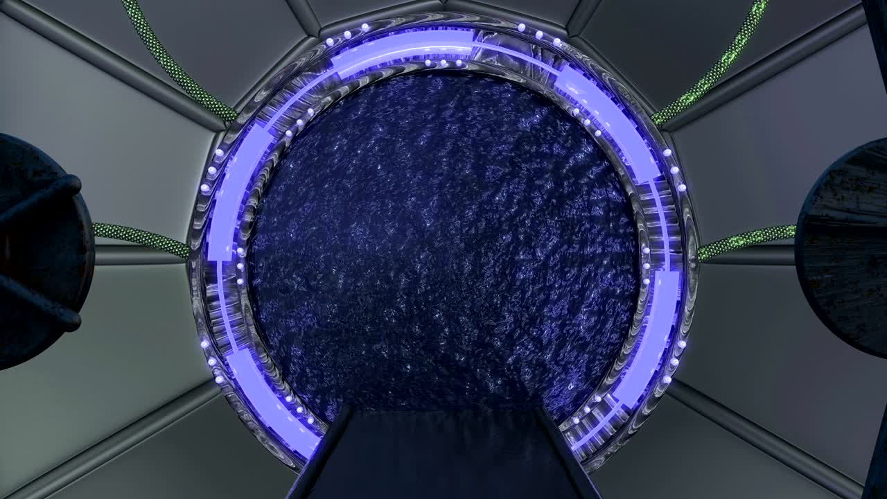 la escotilla oxidada de hierro abre una vista panorámica a la escena del paisaje de la nave espacial. fondo abstracto 3d de corredor de ciencia ficción con portal. tecnología futurista abstracto vj para títulos tecnológicos y fondo.