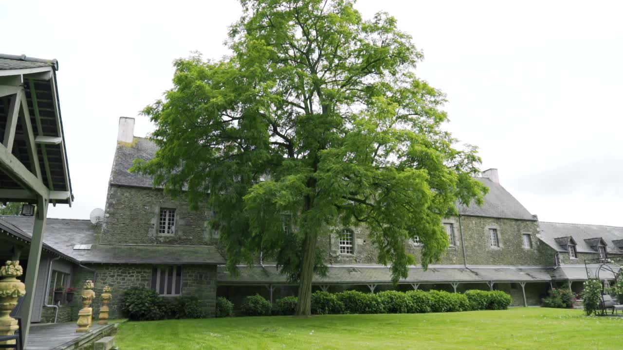 Old stone building with a large tree in a courtyard