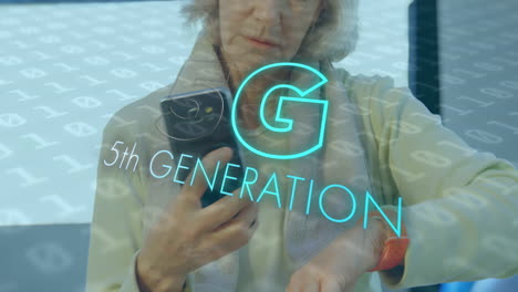 animation of 5g 5th generation text over senior woman using smartphone in background