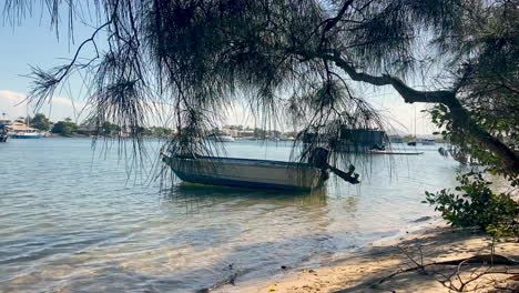 small boat anchored close to shore, fishing vessel in calm ocean, tinnie boat, outboard motor