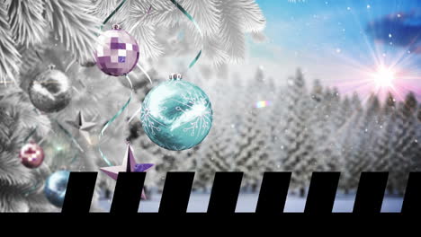 animación del árbol de navidad y la nieve cayendo sobre el paisaje de invierno