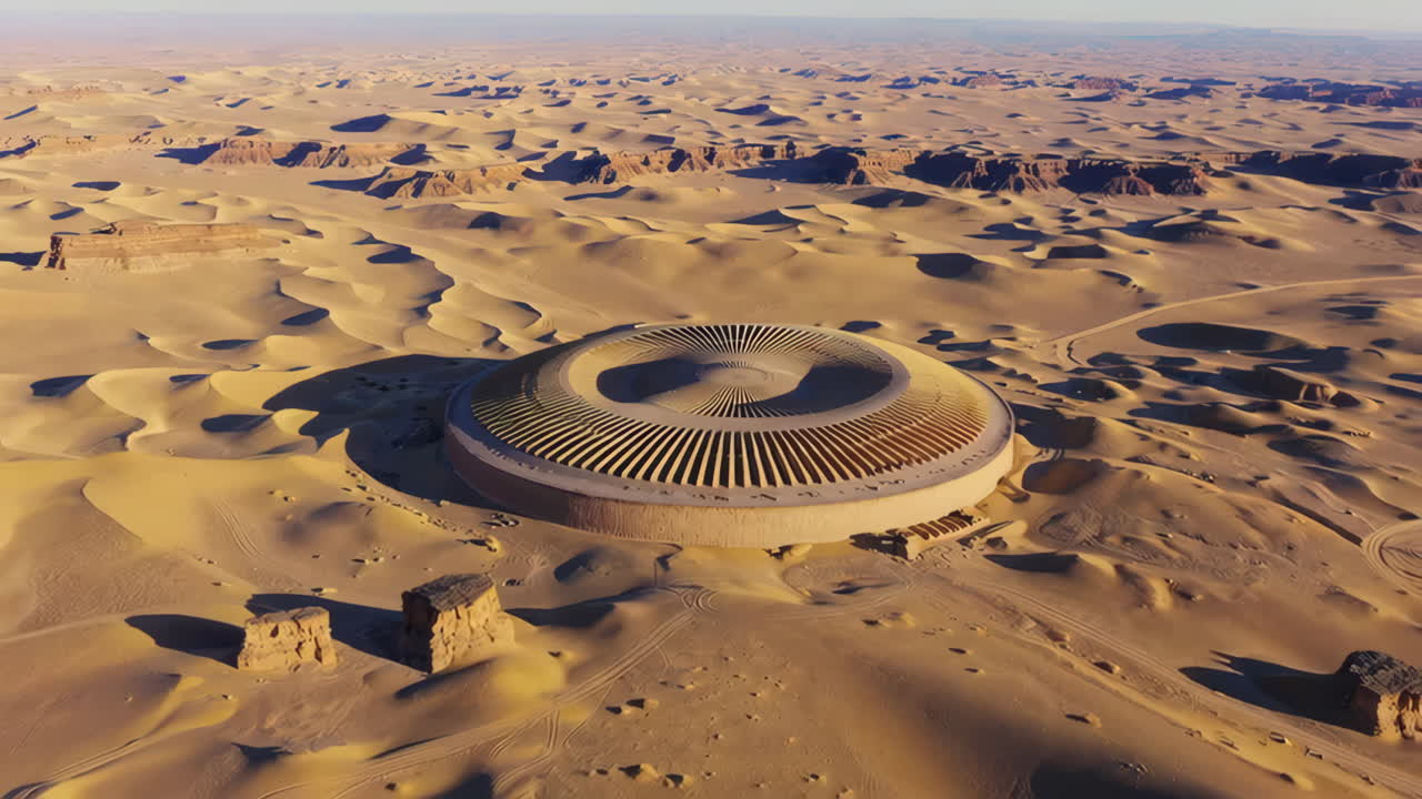 Aerial View of a Unique Spiral Building in a Vast Desert Landscape