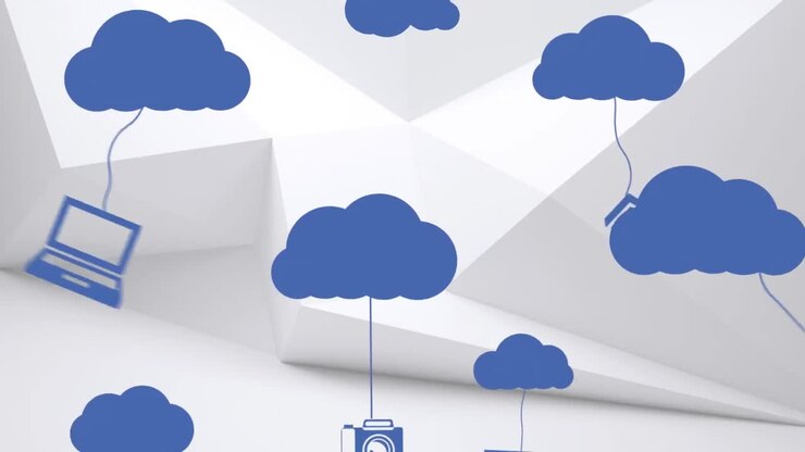 Blue cloud moving with networks icons on white background