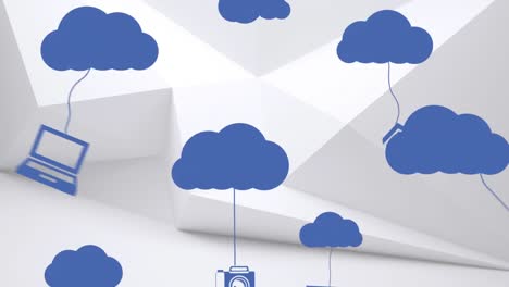 blue cloud moving with networks icons on white background