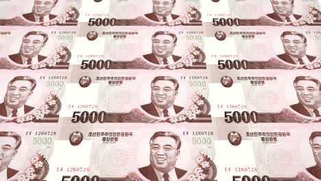 billetes de cinco mil won de corea del norte rodando, dinero en efectivo, bucle