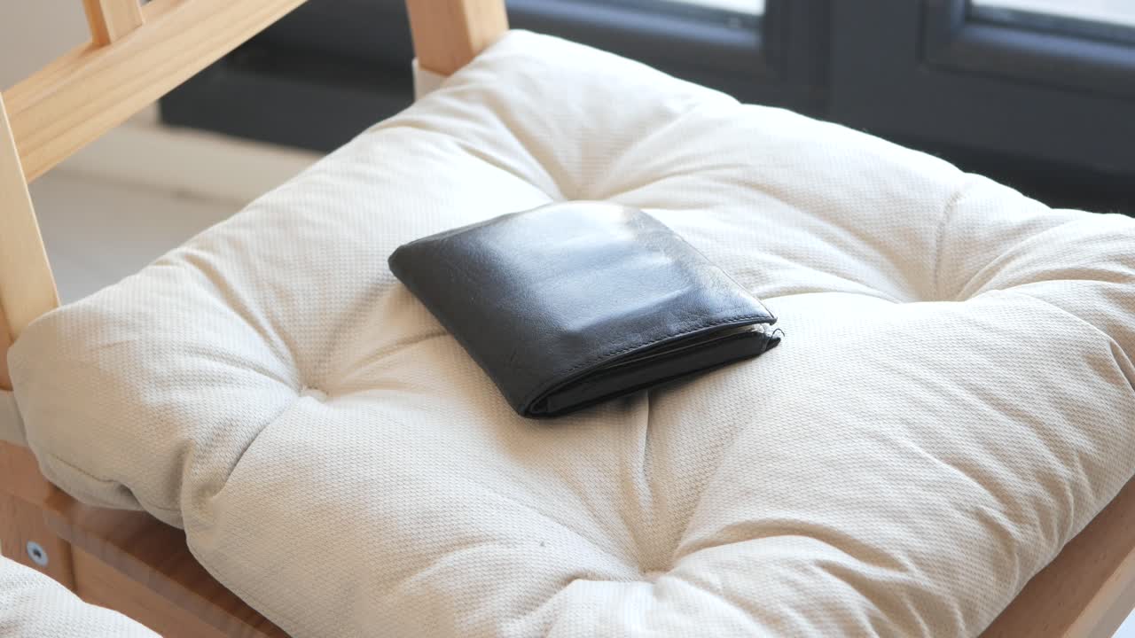 Black Leather Wallet on a Chair Cushion
