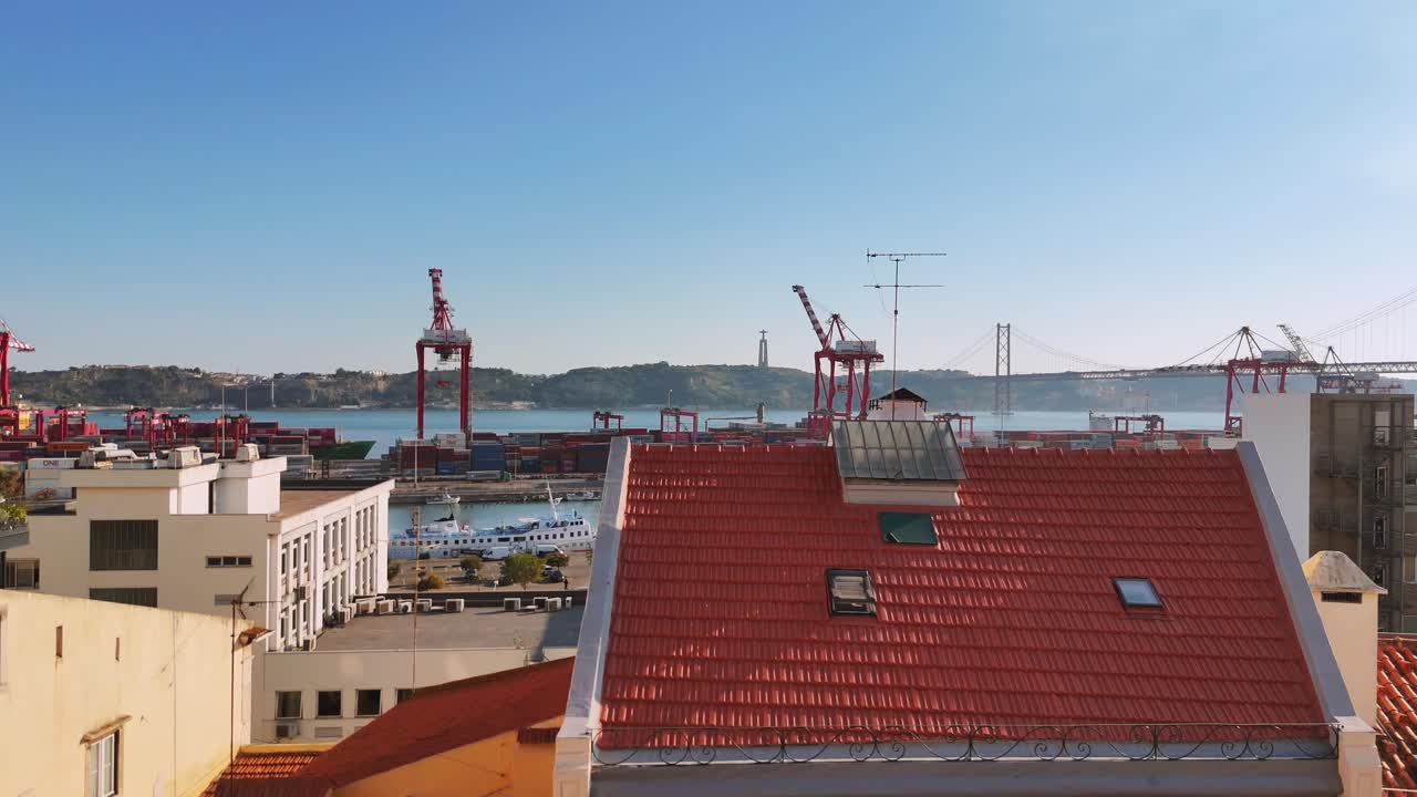 Cityscape with Rooftops, Port Cranes, and Water Views