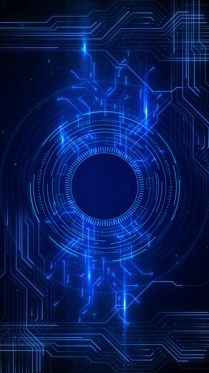 Sfondo circolare HUD blu futuristico, anelli radar, percorsi di circuito, nodi luminosi, profondità tecnologica scura.