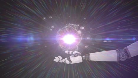 Animation-Von-Netzwerkverarbeitungsdaten-über-Der-Hand-Eines-Roboterarms,-Mit-Prismatischem-Licht-Auf-Dunklem-Hintergrund