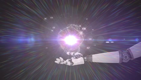animación de los datos de procesamiento de la red sobre la mano del brazo del robot, con luz prismática en fondo oscuro