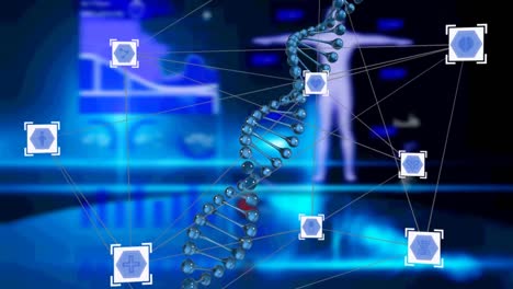Netzwerk-Aus-Digitalen-Symbolen-Und-DNA-Strukturen,-Die-Sich-Gegen-Die-Medizinische-Datenverarbeitung-Drehen