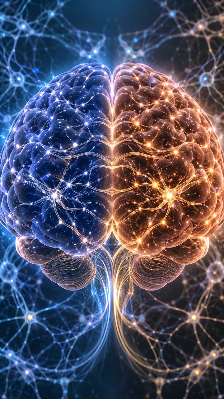 Una luce blu e arancione tremola attraverso la superficie cerebrale simmetrica mentre sottili filamenti di rete si irradiano attorno ad essa, creando una vivida composizione centrata con punti luminosi su uno sfondo blu navy intenso